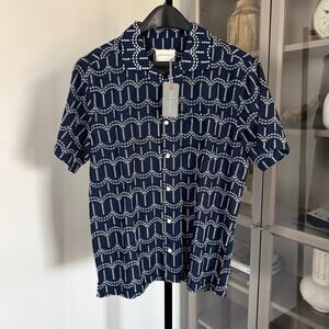 Far Afield Stachio Navy White Pin Dot Palm Tree Camp Shirt 4 NEW Huckberry SS